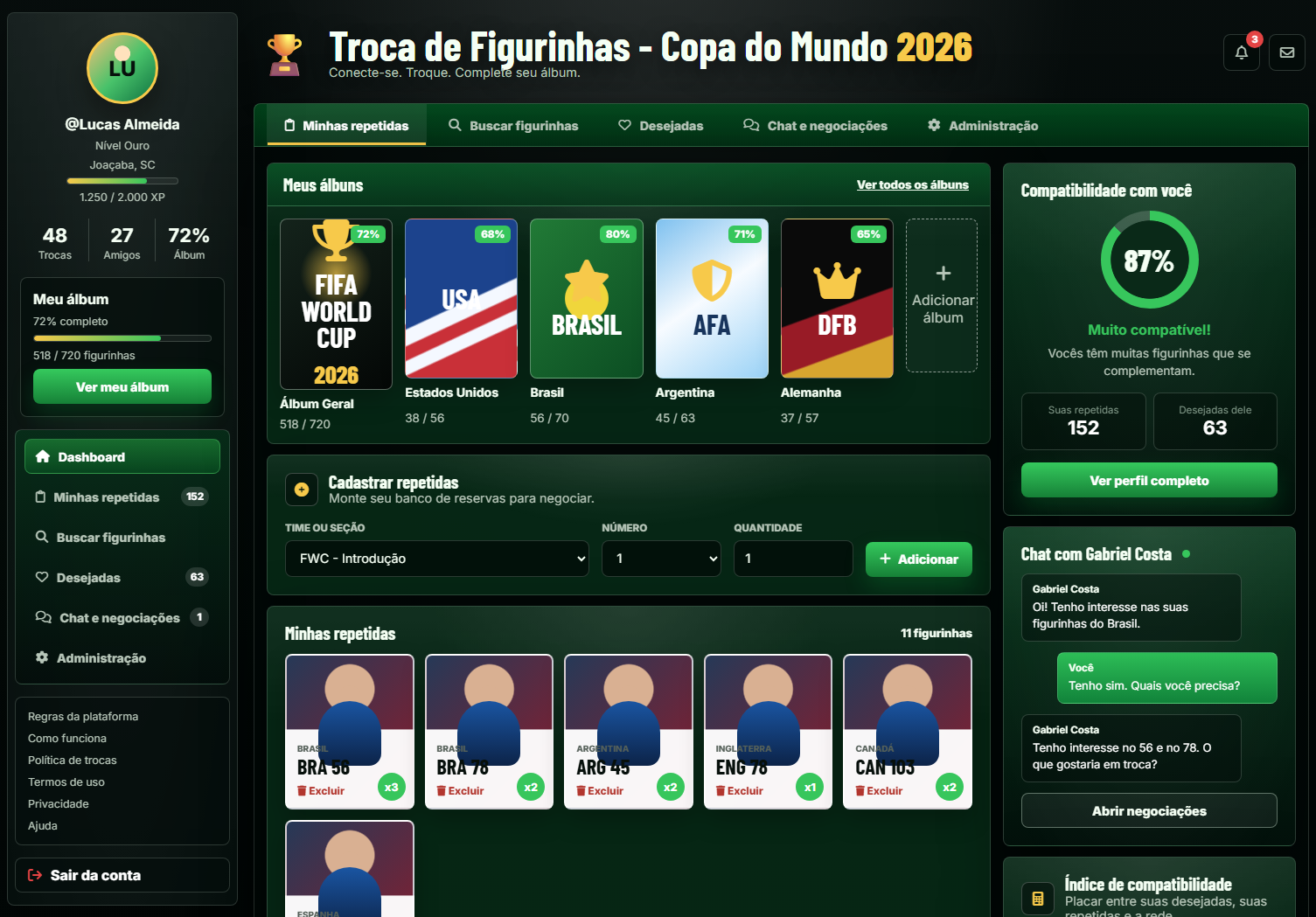 Área de chat e negociações